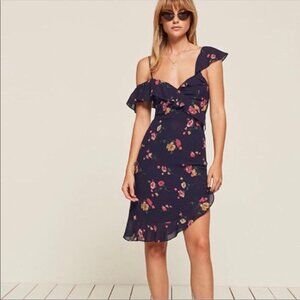 Reformation Dress Summer Floral Adora Ruffle Navy Blue